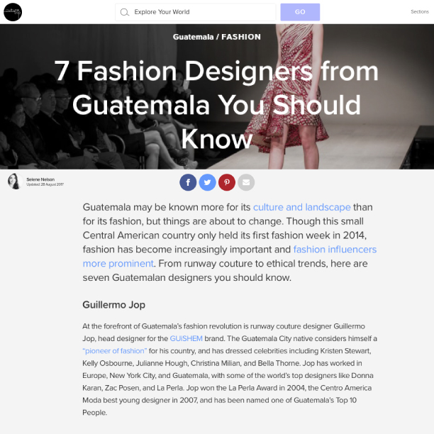 GUiSHEM featured in The Culture Trip: 7 Fashion Designers From Guatemala You Should Know